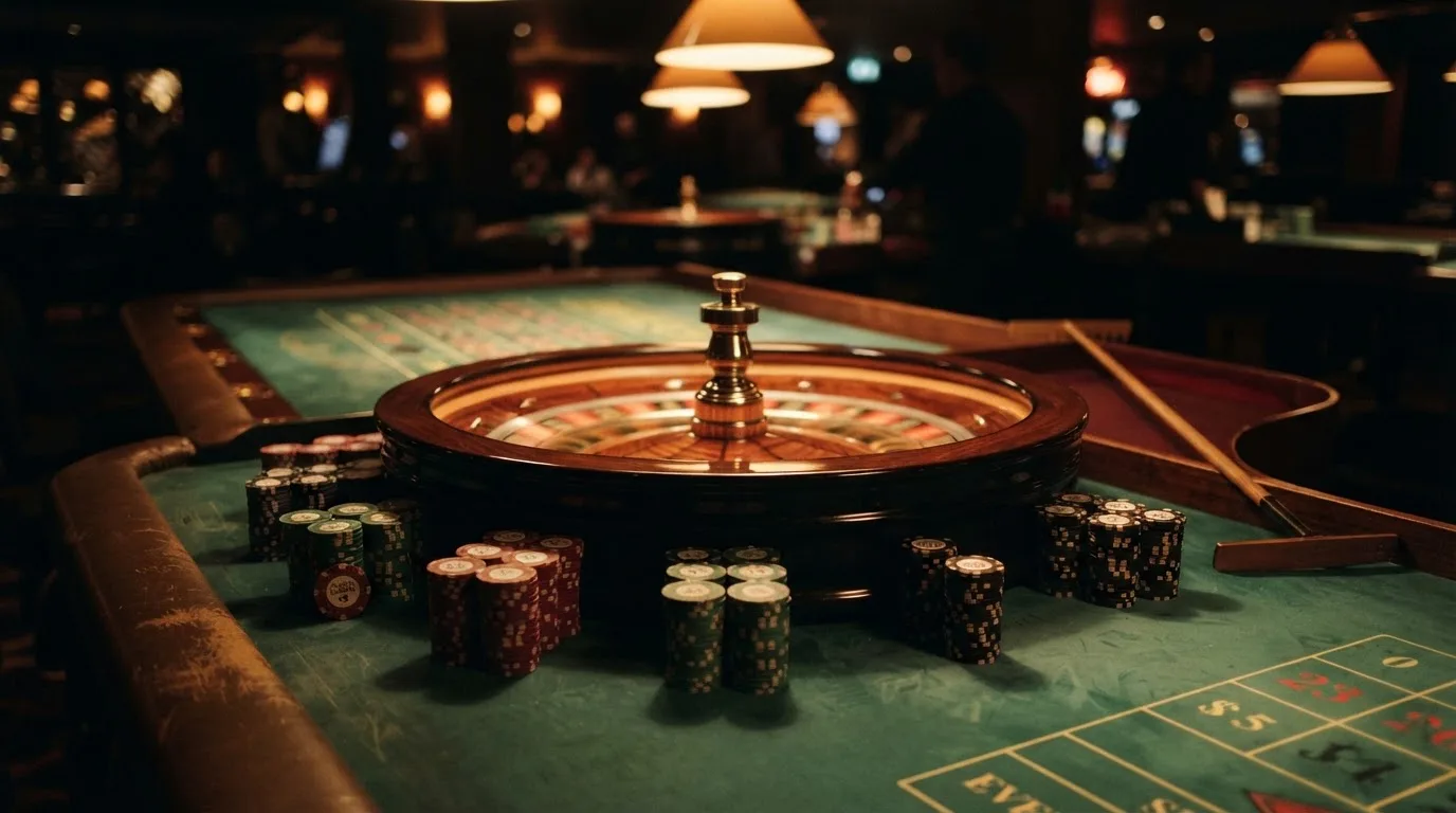 Rulettehjul og sjetonger på grønn filt i varmt kveldslys — 10 kr casinoer i norge