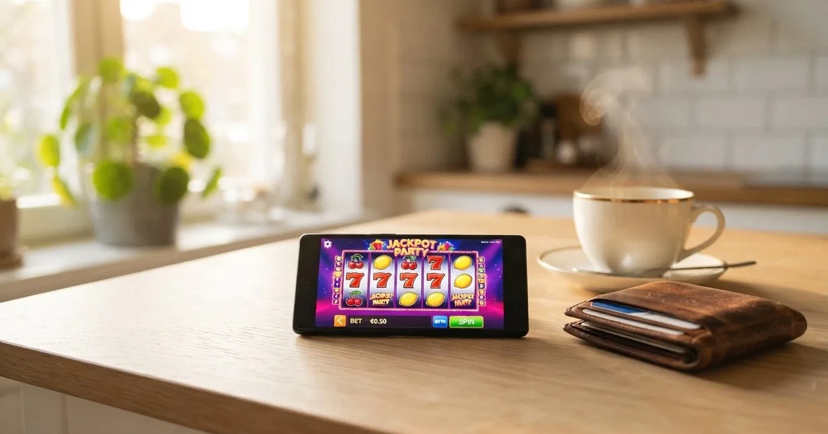 Mobiltelefon på et trebord ved siden av en lommebok og en kopp kaffe — 100 kr casinoer i norge