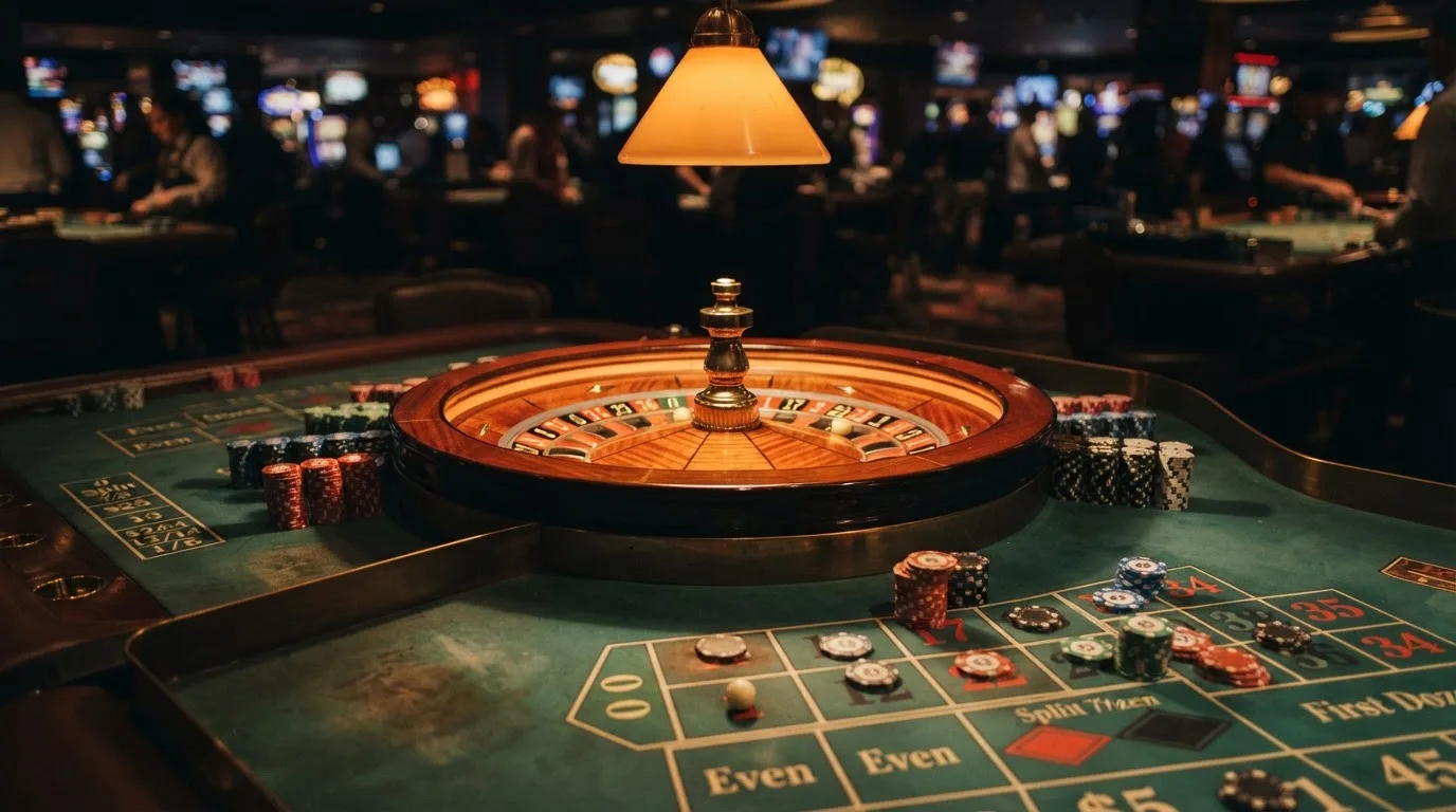 Rulettehjul og sjetonger på grønn filt i varmt kveldslys — 100 kr casinoer i norge