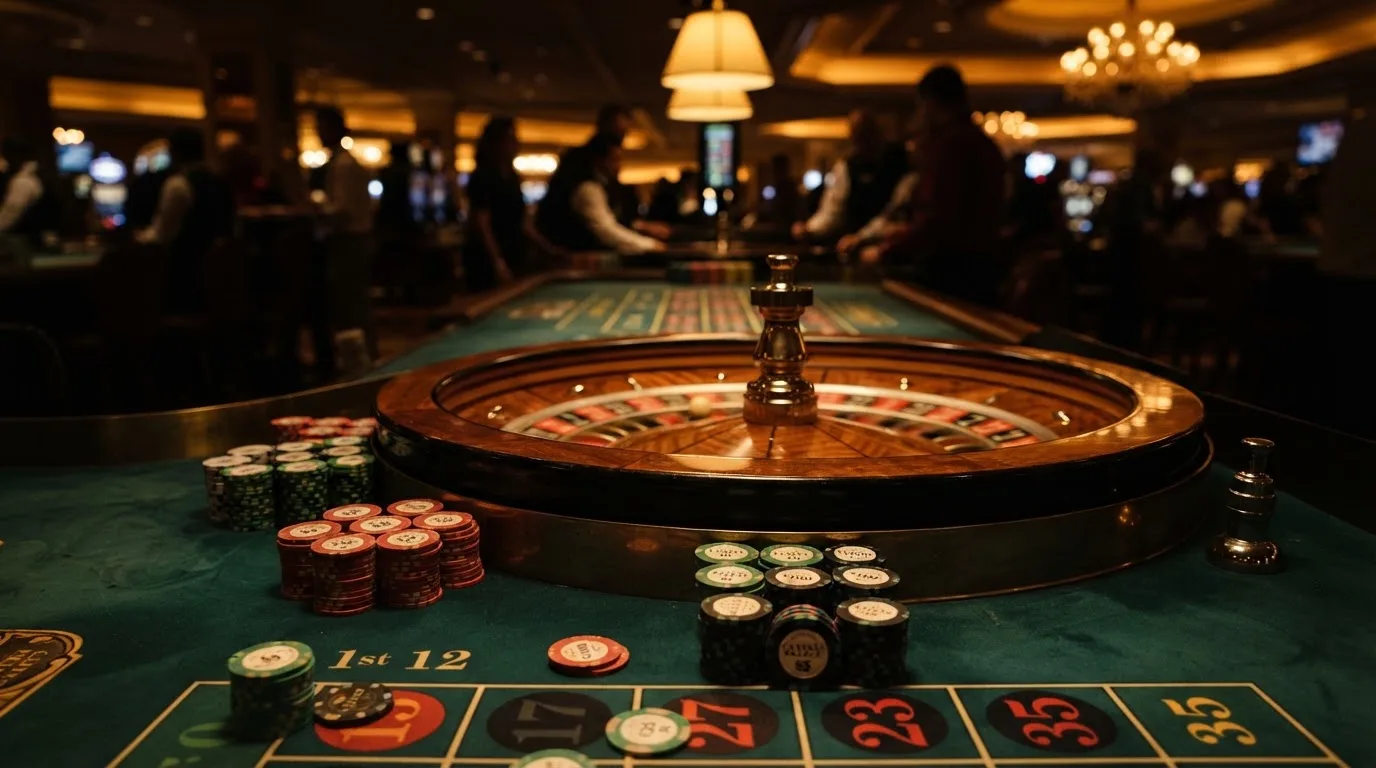 Rulettehjul og sjetonger på grønn filt i varmt kveldslys — 20 kr casinoer i norge