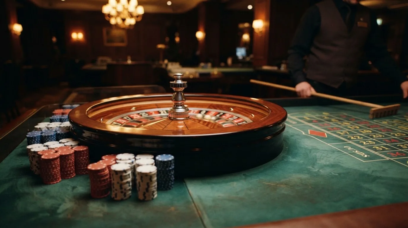 Rulettehjul og sjetonger på grønn filt i varmt kveldslys — anmeldelser av norske casinoer
