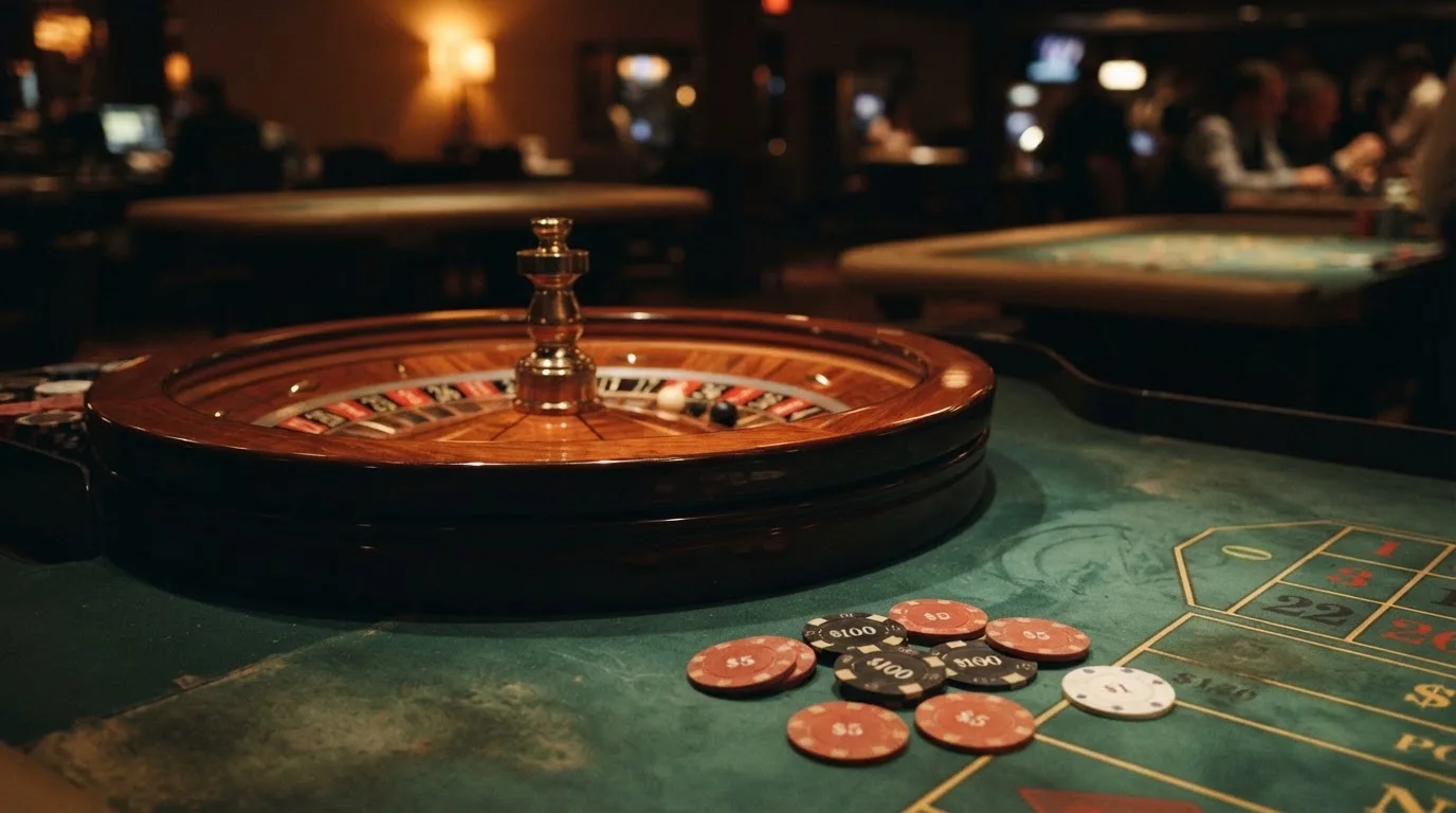 Rulettehjul og sjetonger på grønn filt i varmt kveldslys — beste blackjack i norge