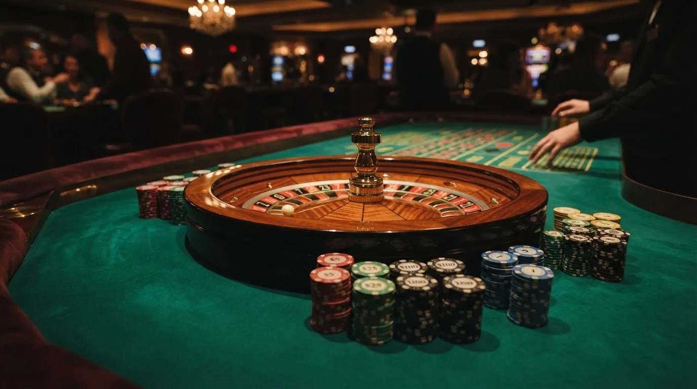 Rulettehjul og sjetonger på grønn filt i varmt kveldslys — beste bonuser på norske casinoer
