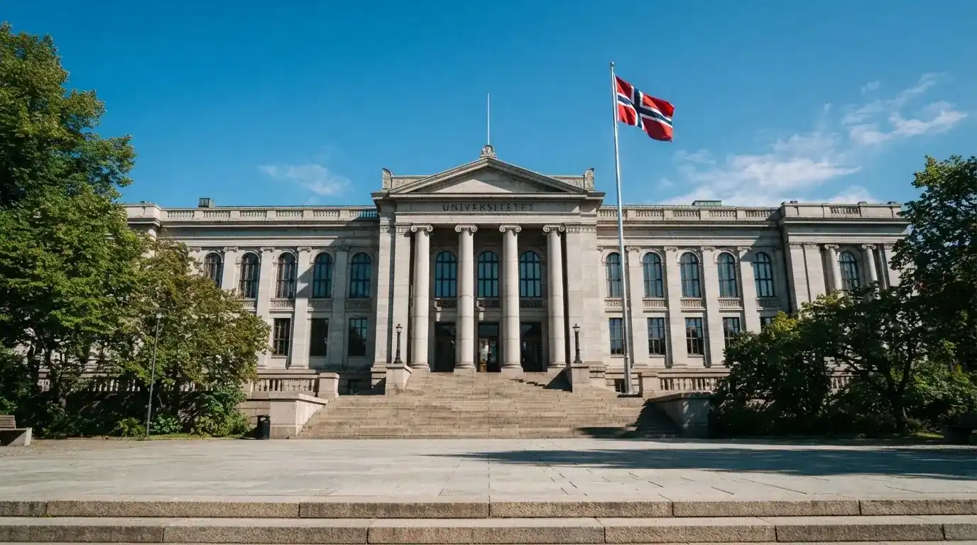Fasade av en stor offentlig bygning i Oslo med brede trapper og et norsk flagg i vinden under klar himmel