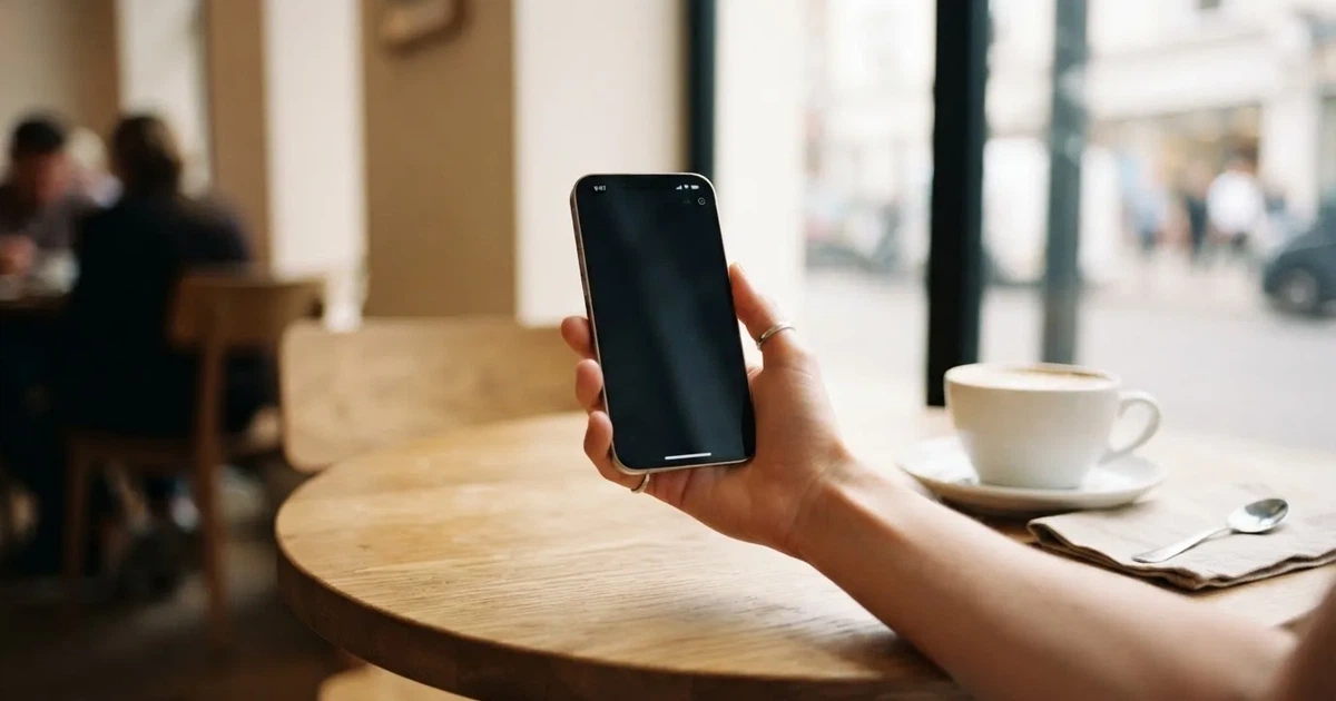 Hånd som holder en smarttelefon med mørk skjerm over et kafébord, kaffekopp ved siden av og dagslys fra et stort vindu