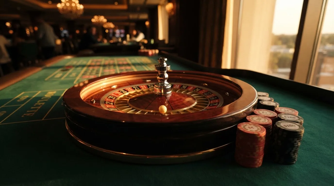 Rulettehjul og sjetonger på grønn filt i varmt kveldslys — beste casino spilleautomater