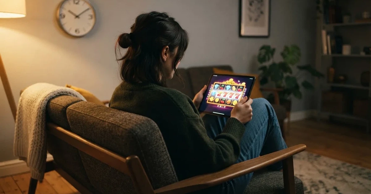 Person i en sofa ser ettertenksomt på et nettbrett, en klokke på veggen bak — beste casinobonuser i norge