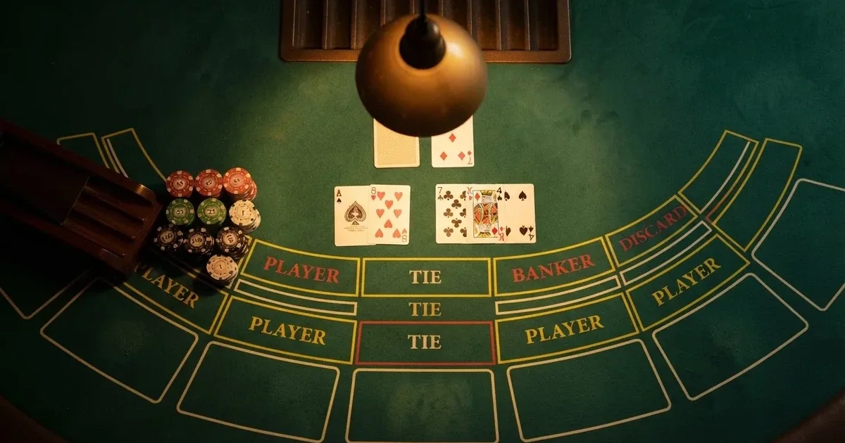 Opplyst spillebord med kort, sett ovenfra — beste casinoer med baccarat