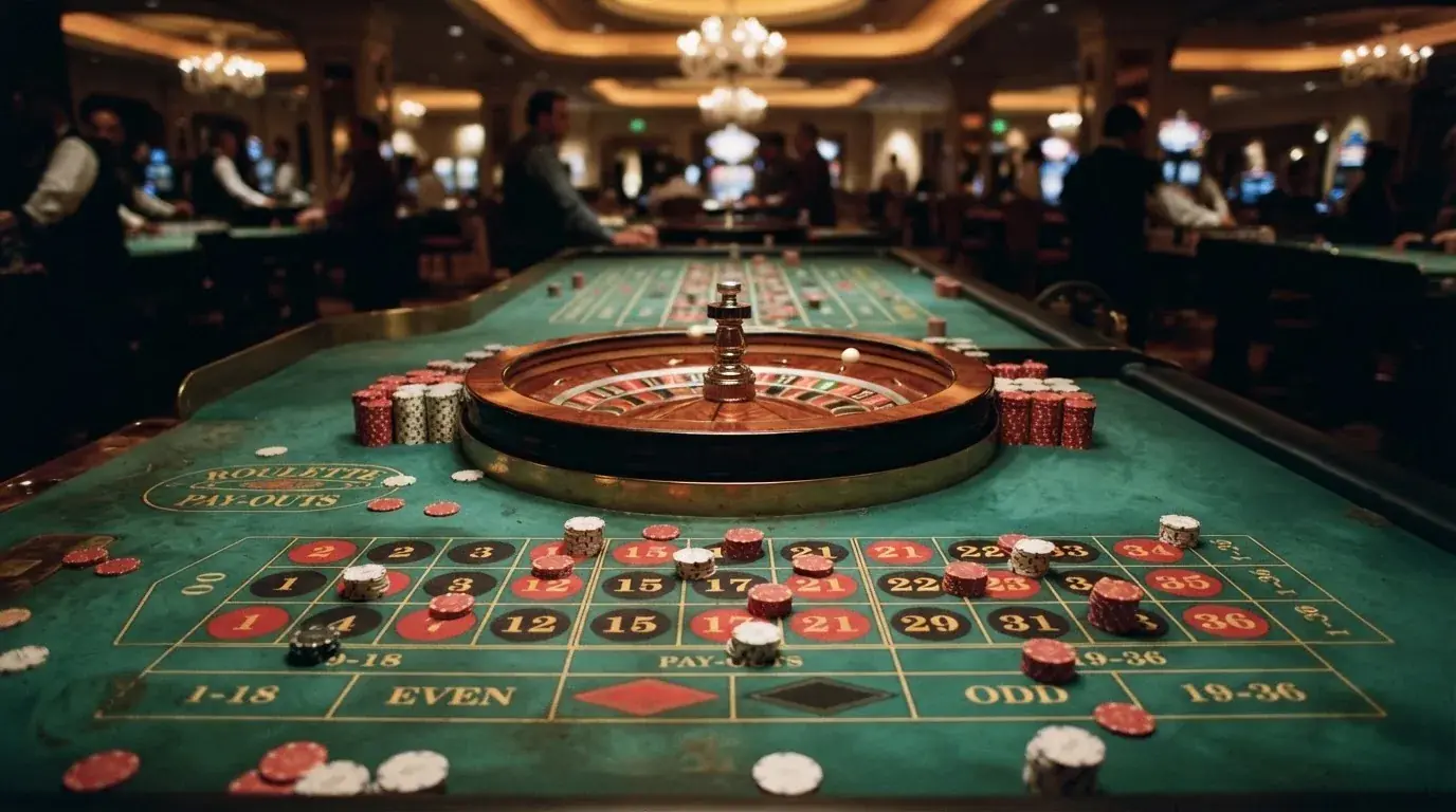 Rulettehjul og sjetonger på grønn filt i varmt kveldslys — beste casinoer med baccarat