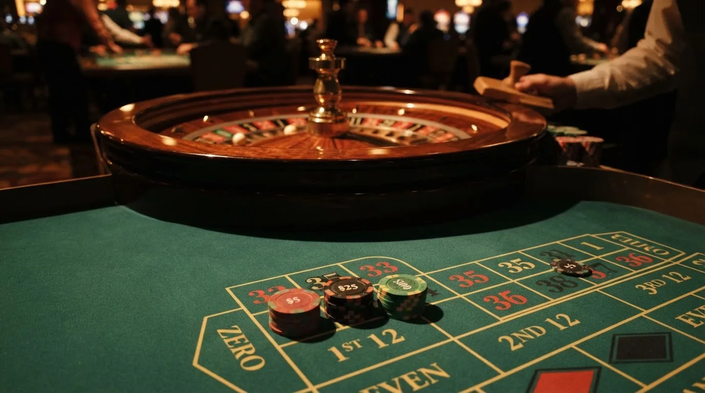 Rulettehjul og sjetonger på grønn filt i varmt kveldslys — beste casinoer med bingo
