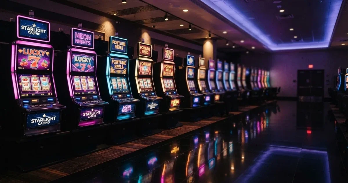 Rad med moderne spilleautomater i en dempet spillhall uten mennesker, fargede lys som speiler seg i et blankt gulv