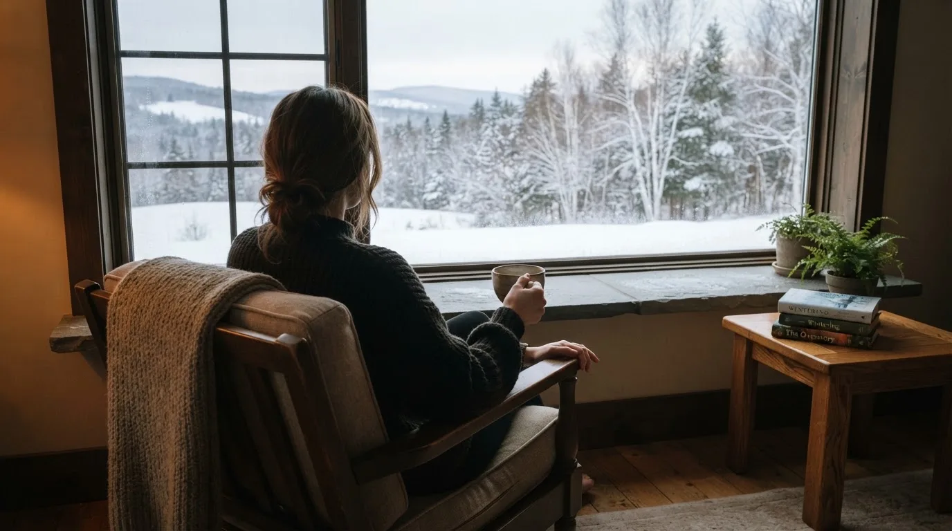Kvinne som sitter ved et vindu med en kopp te og ser ut på et snødekt landskap, rolig og avslappet