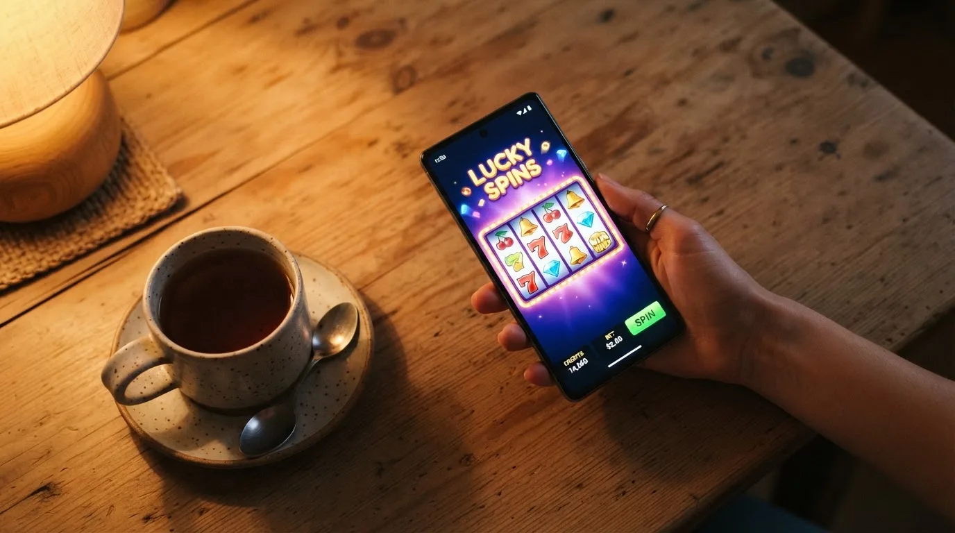 Hånd holder en mobiltelefon ved siden av en kopp te ved et kjøkkenbord en rolig kveld — beste utenlandske casinoer