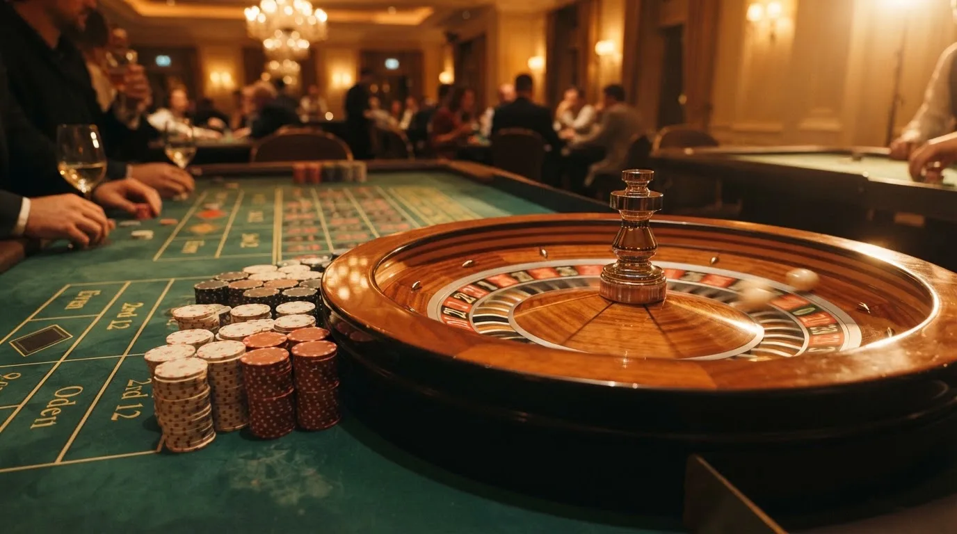 Rulettehjul og sjetonger på grønn filt i varmt kveldslys — beste utenlandske casinoer