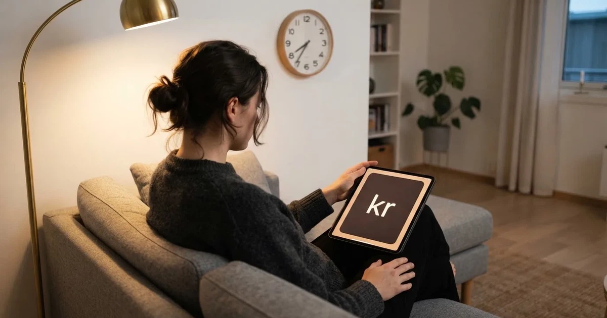 Person i en sofa ser ettertenksomt på et nettbrett, en klokke på veggen bak — bonuser på nettcasino