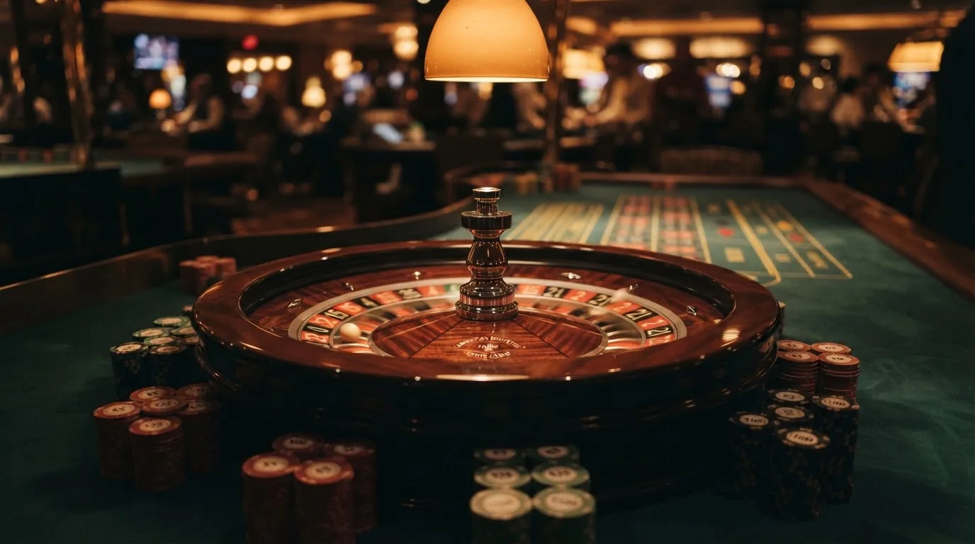 Rulettehjul og sjetonger på grønn filt i varmt kveldslys — bonuser på nettcasino