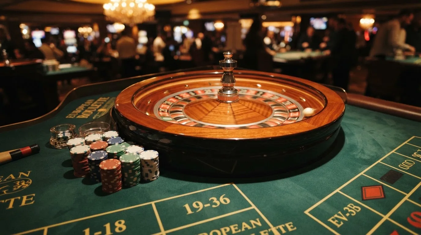 Rulettehjul og sjetonger på grønn filt i varmt kveldslys — casino slots in norway