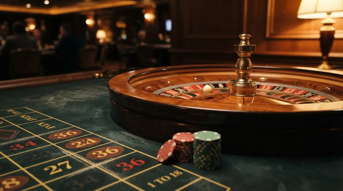 Rulettehjul og sjetonger på grønn filt i varmt kveldslys — casino tipping i norge