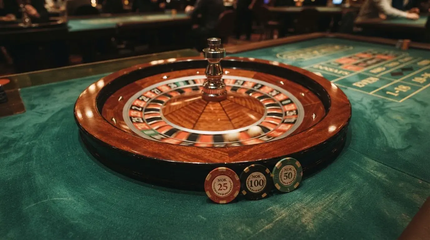 Rulettehjul og sjetonger på grønn filt i varmt kveldslys — casino uten lisens i norge