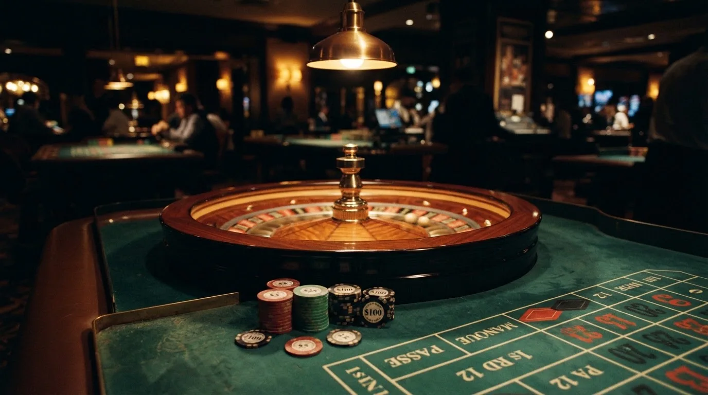 Rulettehjul og sjetonger på grønn filt i varmt kveldslys — casinoer med bitcoin i norge