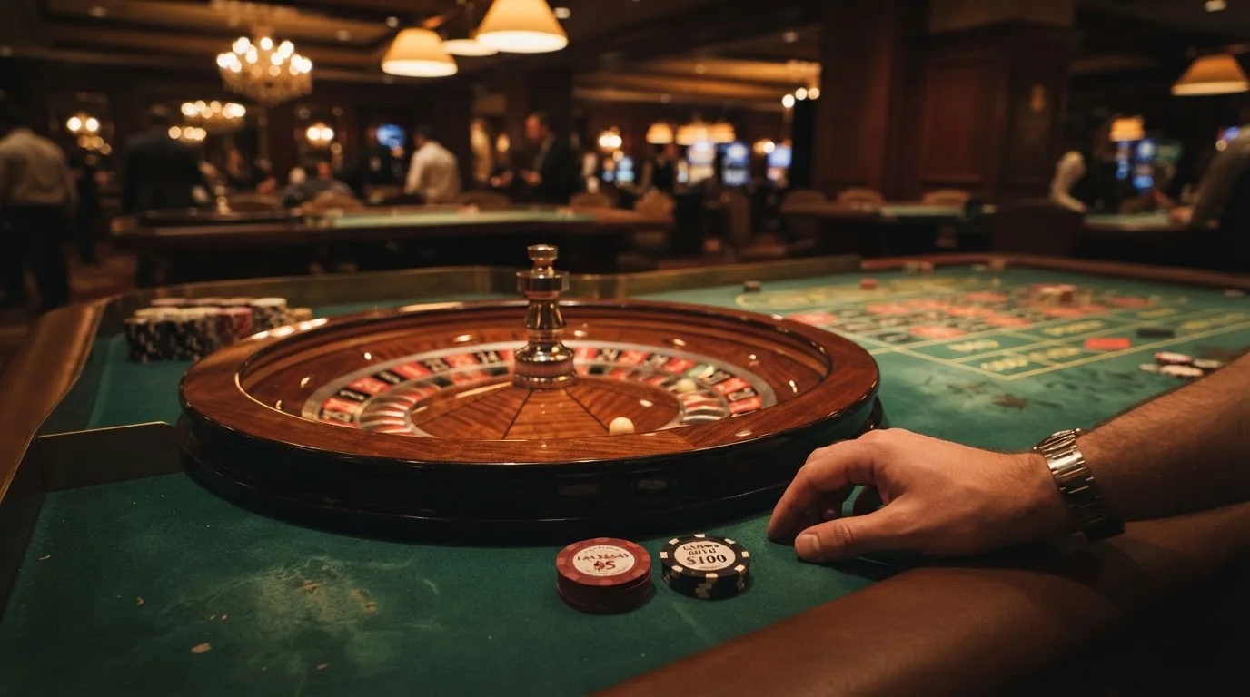Rulettehjul og sjetonger på grønn filt i varmt kveldslys — casinoer med dogecoin i norge