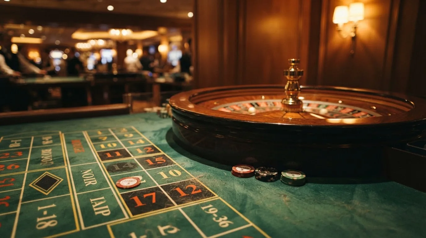 Rulettehjul og sjetonger på grønn filt i varmt kveldslys — casinoer med jackpot