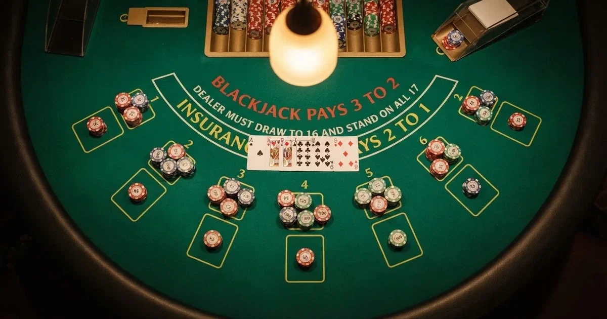 Opplyst spillebord med kort, sett ovenfra — live roulette in norway
