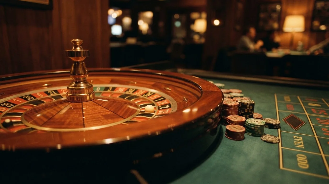 Rulettehjul og sjetonger på grønn filt i varmt kveldslys — live roulette in norway