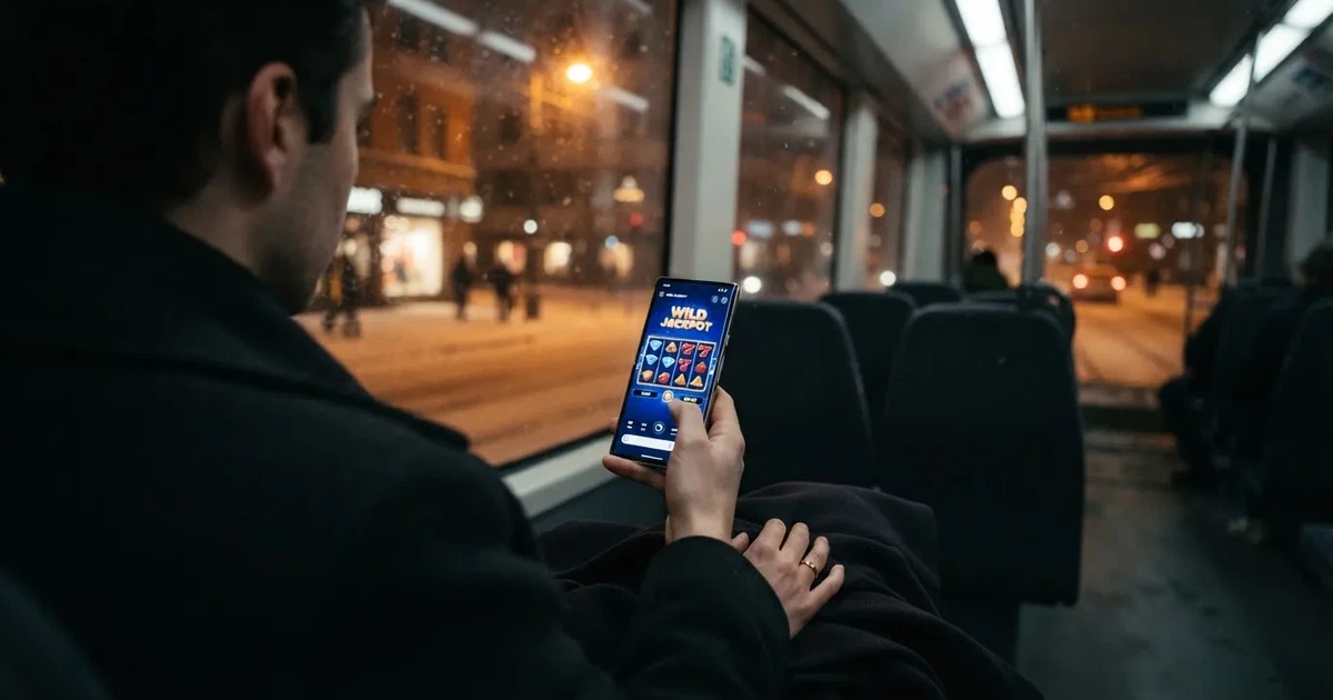 Mobiltelefon i hånden på trikken i Oslo en vinterkveld — norske casinoer på android