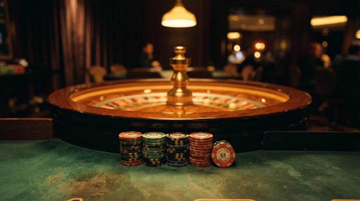 Rulettehjul og sjetonger på grønn filt i varmt kveldslys — norske casinoer på android