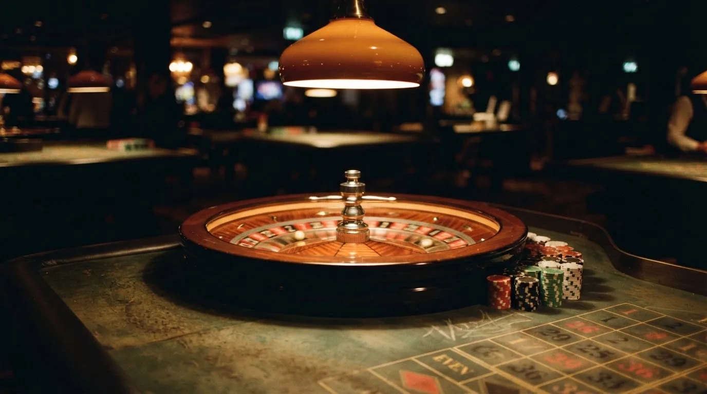Rulettehjul og sjetonger på grønn filt i varmt kveldslys — norske casinoer på ios